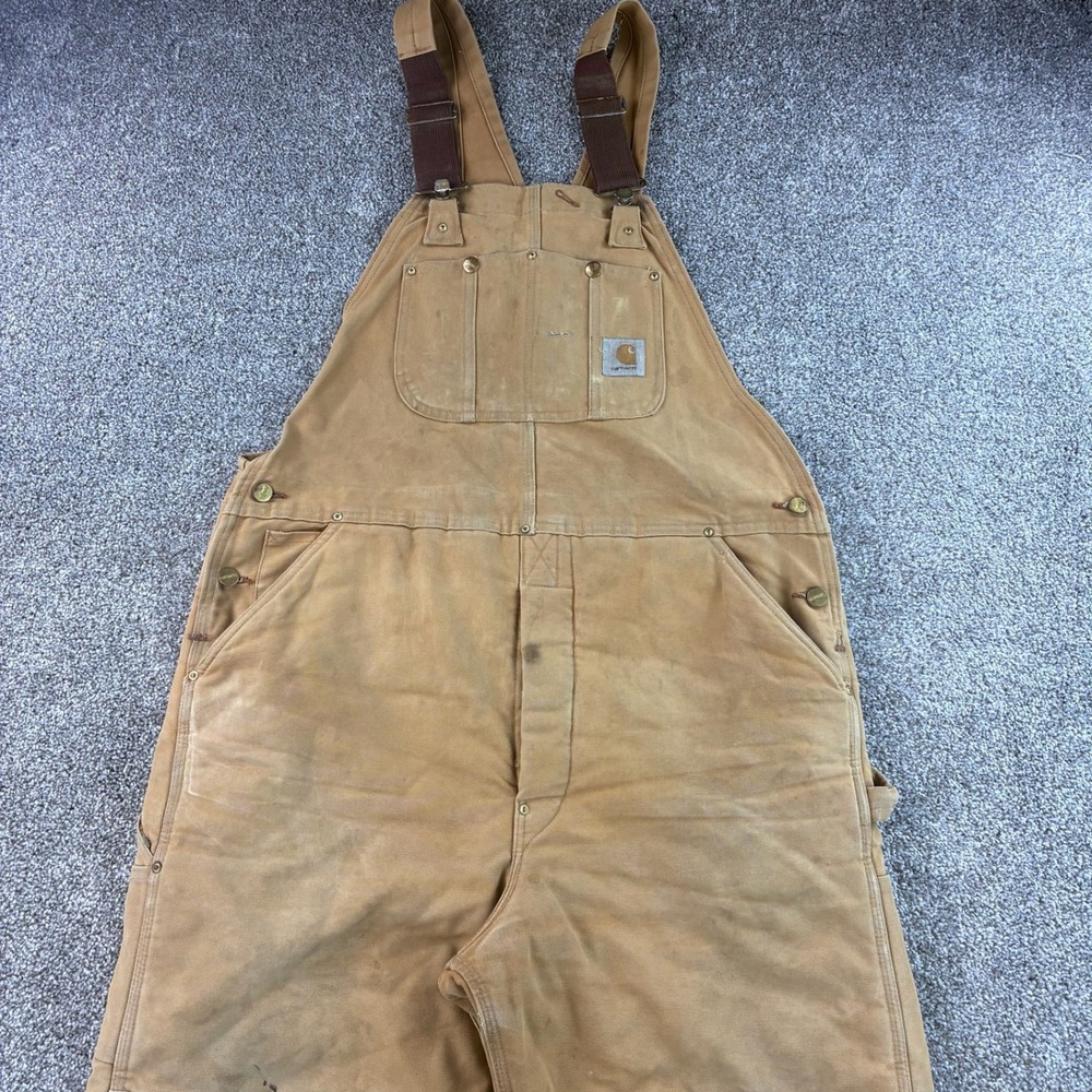 Carhartt Bib Overalls Men 42x32 Brown Arctic Liner Duck Canvas Double Knee